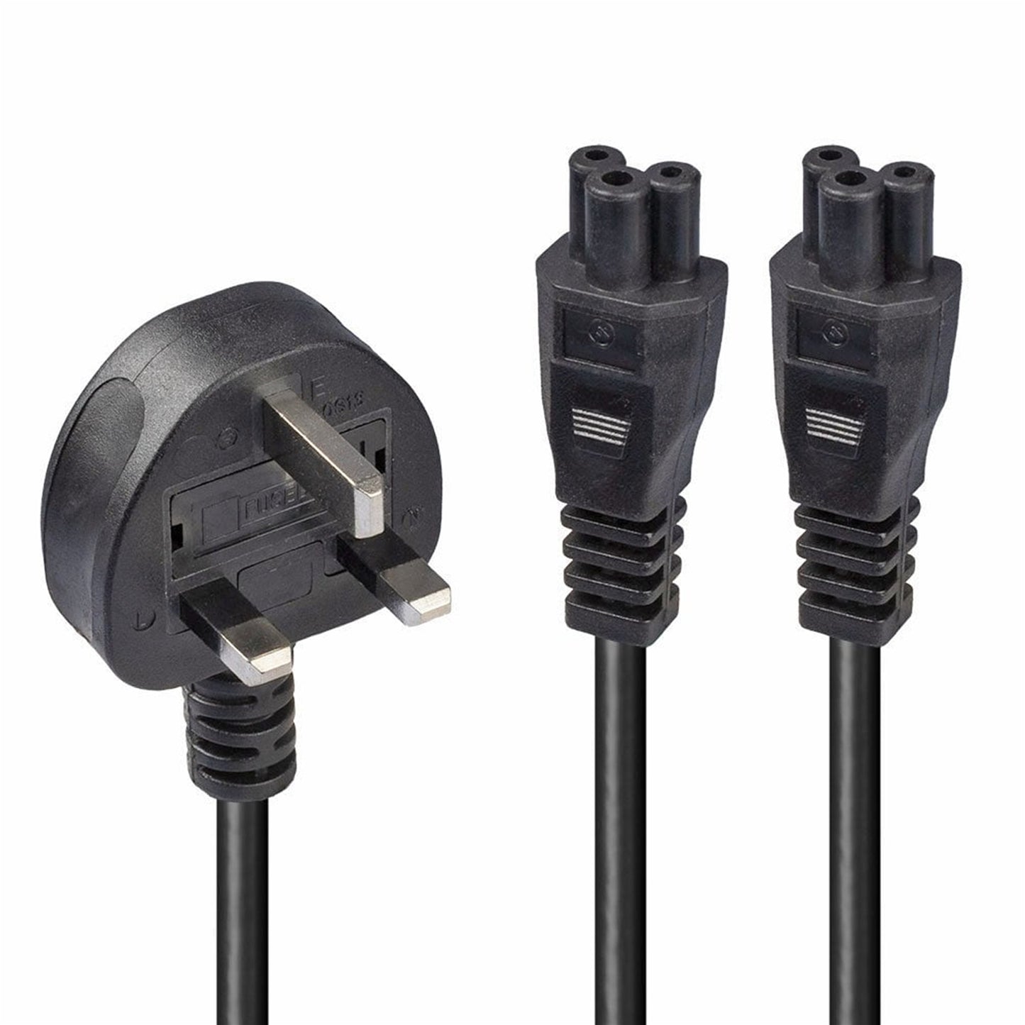 LINDY 30428 2.5m UK 3 Pin Plug To IEC 2 x C5 Splitter Extension Cable, Black, Fully moulded with 5A fuse, 10 year warranty