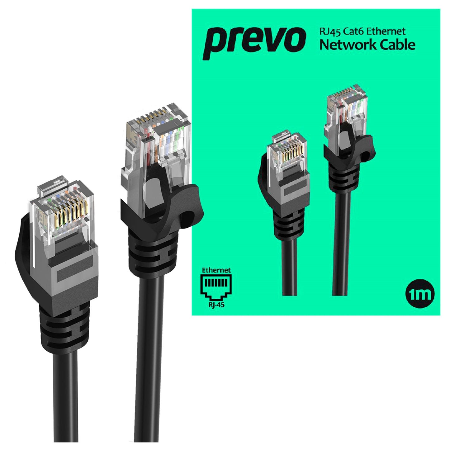 Prevo CAT6-BLK-1M Network Cable, RJ45 (M) to RJ45 (M), CAT6, 1m, Black, Oxygen Free Copper Core, Sturdy PVC Outer Sleeve & Clip Protector, Retail Box Packaging