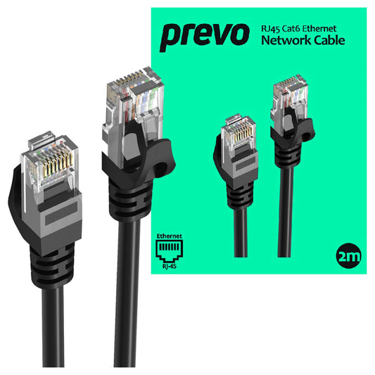 Prevo CAT6-BLK-2M Network Cable, RJ45 (M) to RJ45 (M), CAT6, 2m, Black, Oxygen Free Copper Core, Sturdy PVC Outer Sleeve & Clip Protector, Retail Box Packaging