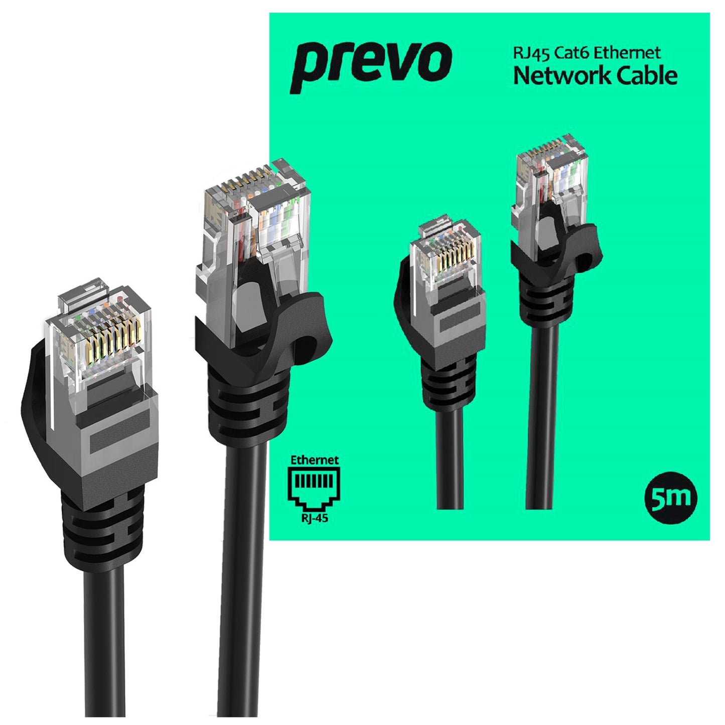 Prevo CAT6-BLK-5M Network Cable, RJ45 (M) to RJ45 (M), CAT6, 5m, Black, Oxygen Free Copper Core, Sturdy PVC Outer Sleeve & Clip Protector, Retail Box Packaging