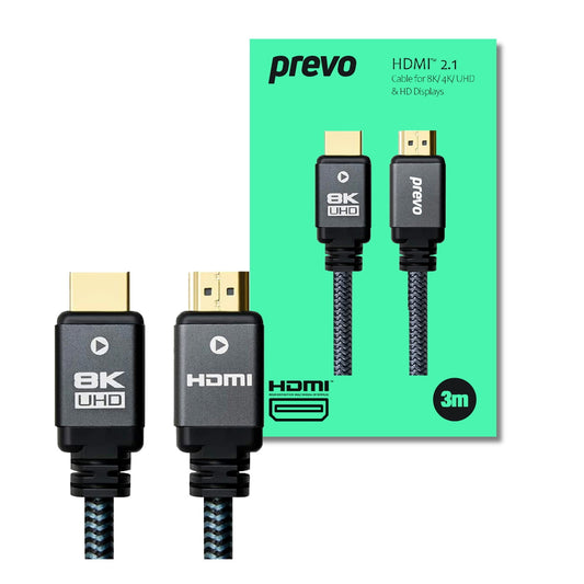 Prevo HDMI-2.1-3M HDMI Cable, HDMI 2.1 (M) to HDMI 2.1 (M), 3m, Black & Grey, Supports Displays up to 8K@60Hz, 99.9% Oxygen-Free Copper with Gold-Plated Connectors, Superior Design & Performance, Retail Box Packaging