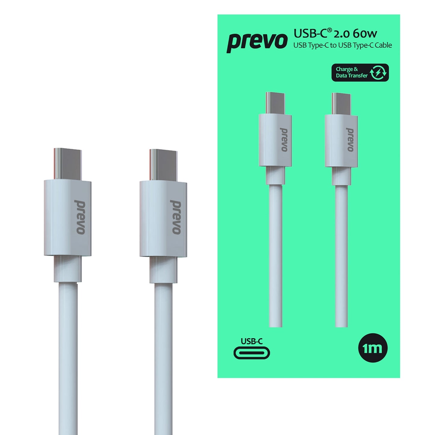 Prevo USB 2.0 60W C to C PVC cable, 20V/3A, 480Mbps, Injection Moulding + PVC, White, Superior Design & Perfornance, Retail Box Packaging