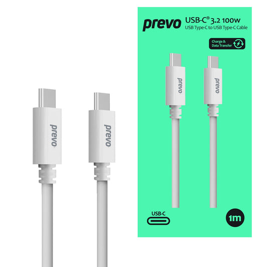 Prevo USB 3.2 100W C to C cable, 20V/5A, 10GB/20GB/s, Injection molding +TPE+ C TID certification, White, Superior Design & Perfornance, Retail Box Packaging