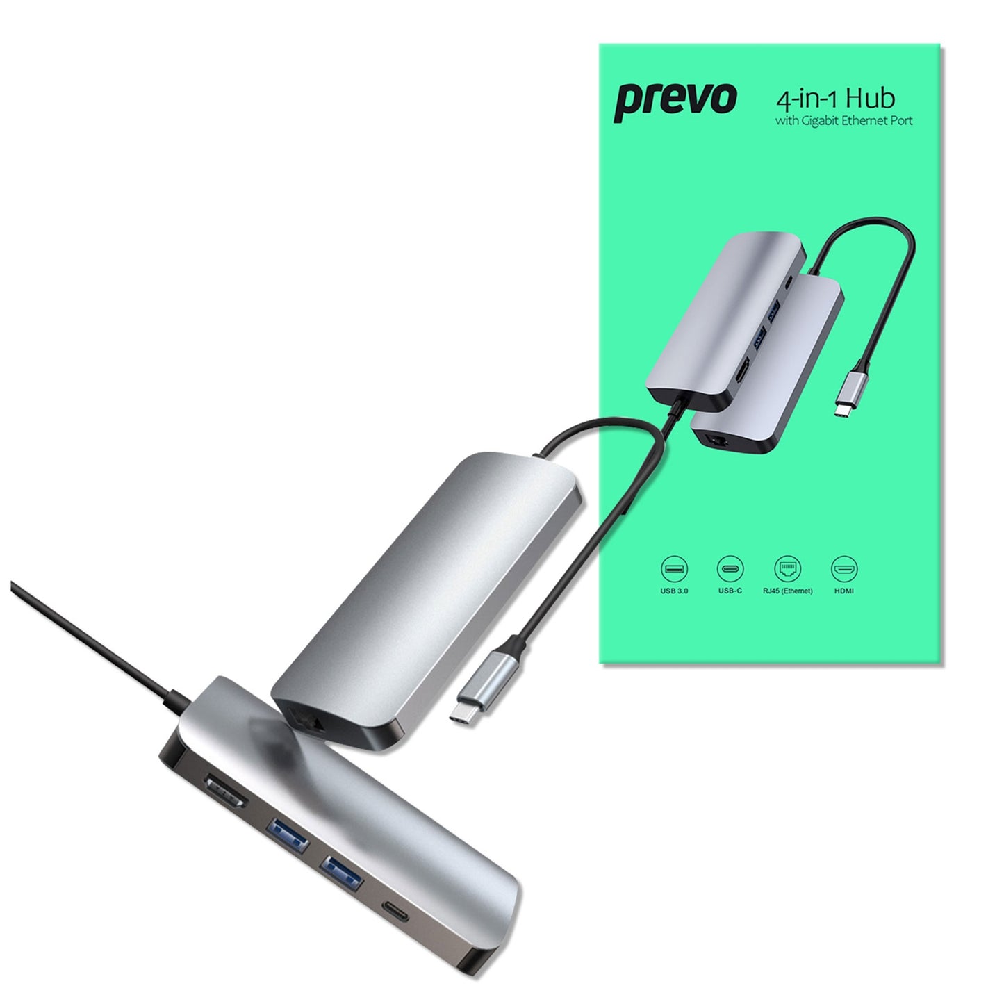 Prevo C501R USB Type-C 4-In-1 Hub Docking Station with USB Type-C, USB 3.0 x2, 4K HDMI, RJ45 Gigabit Ethernet, PC, Laptop, Tablets, iPad, MacBook, iMac Compatible, Silver Metal Finish