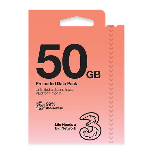 Three 50GB (normally 25GB) Prepaid Voice & Data SIM - 4G / 5G with 99% UK Coverage & 70+ Go Roam Worldwide Destinations