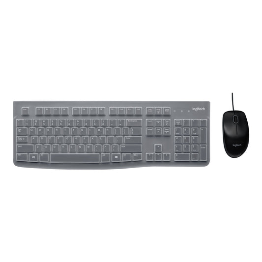 Logitech MK120 Wired Keyboard and Mouse Combo for Windows, Optical Wired Mouse, Full-Size Keyboard, USB Plug-and-Play, QWERTY UK English Layout, Black - Education Edition with Silicone Cover, Brown Box