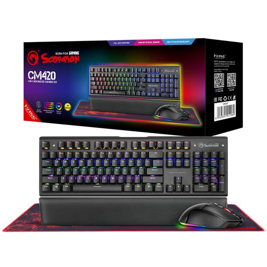 Marvo Scorpion CM420-UK 3-in-1 Gaming Bundle, Keyboard, Mouse and Mouse Pad Wired USB 2.0, RGB, Mechanical, Blue Switch, Multimedia and Anti-ghosting Keys, UK Layout, 6400 dpi, Programmable RGB Mouse