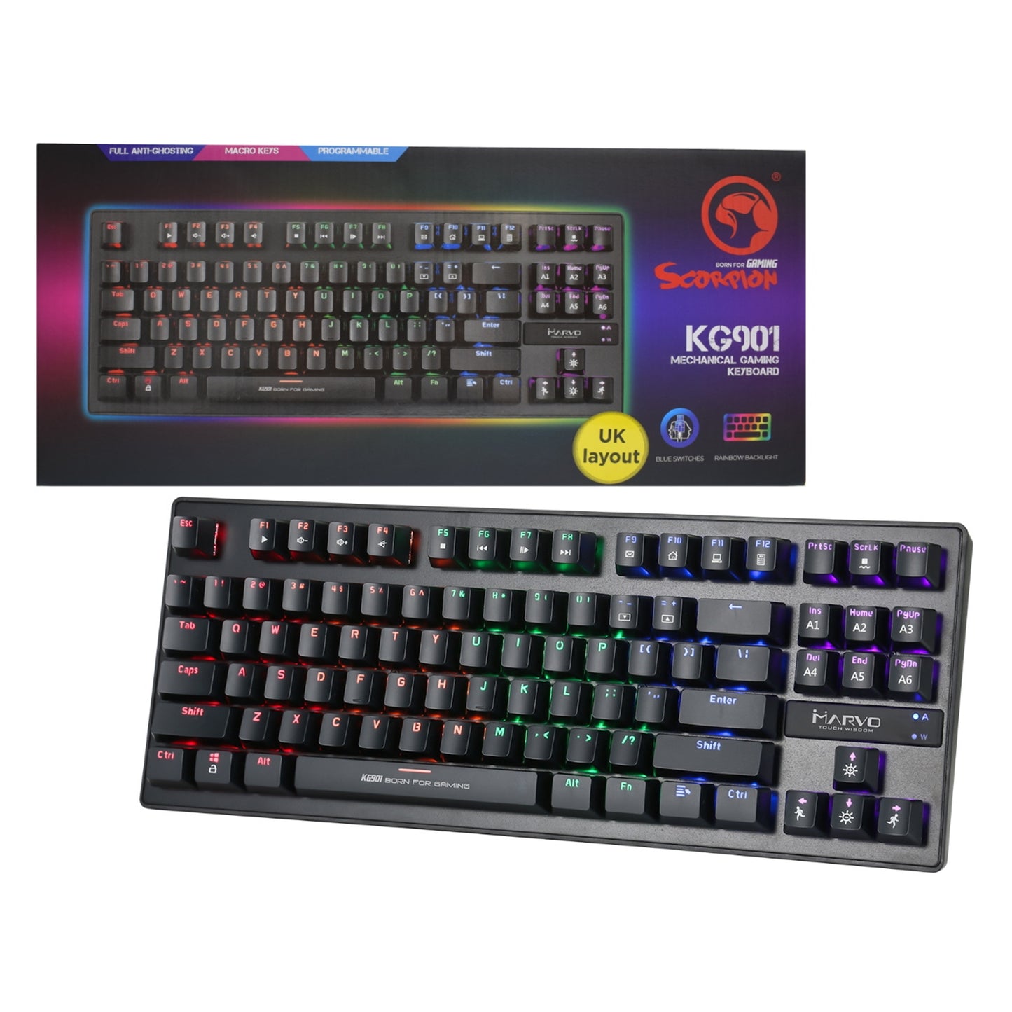 Marvo Scorpion KG901 Gaming Keyboard, Mechanical with Blue Switches, USB 2.0, Full Anti-ghosting with N Key Rollover, Slim Compact Frame with TKL layout, Backlight 6 Colour Rainbow, Black