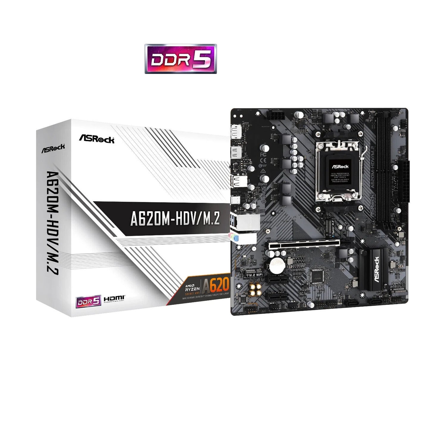 ASRock A620M-HDV/M.2, AMD A620, AM5, DDR5, SATA3, M.2, USB 3.2 Gen1, MicroATX