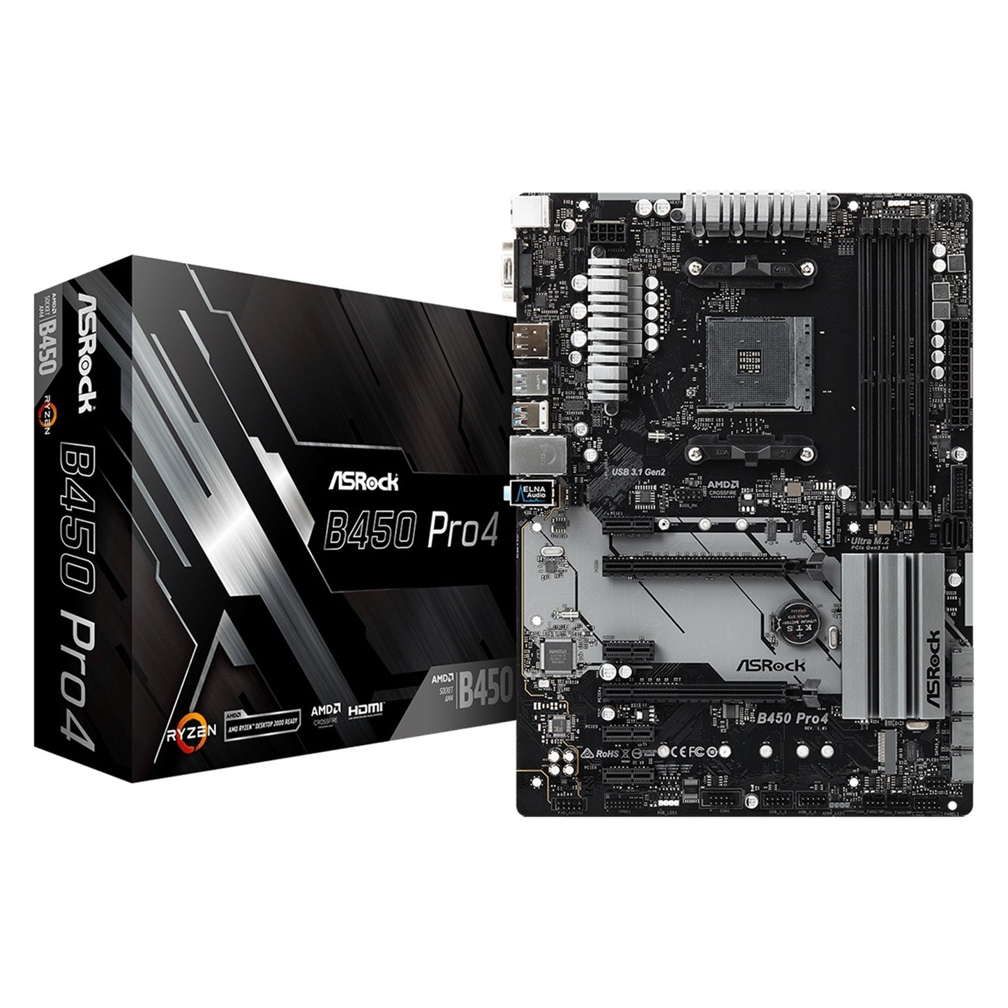 ASRock B450 Pro4 AMD Socket AM4 ATX VGA/HDMI/DisplayPort DDR4 USB C 3.1 Motherboard