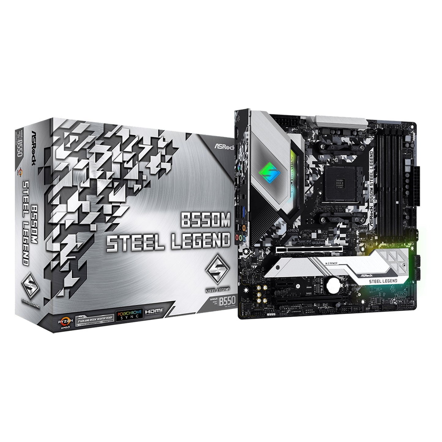 ASRock B550M Steel Legend AMD Socket AM4 Micro ATX HDMI/DisplayPort Dual M.2 USB C 3.2 RGB Motherboard