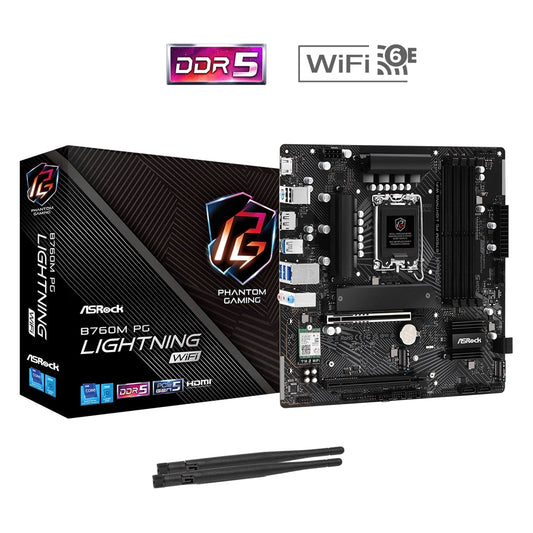 ASRock B760M PG LIGHTNING WIFI Motherboard, Wi-Fi 6E, 2.5G LAN, Intel Socket 1700, Supports 12th/13th Gen, DDR5, 1x PCIe 5.0 x16, 1x M.2 Socket, 1x HDMI Port, 1x DisplayPort 1.4, 1x USB 3.2 Gen1 Type-C Port, 3x USB 3.2 Gen1 Type-A Ports, 2x USB 2.0 Ports,