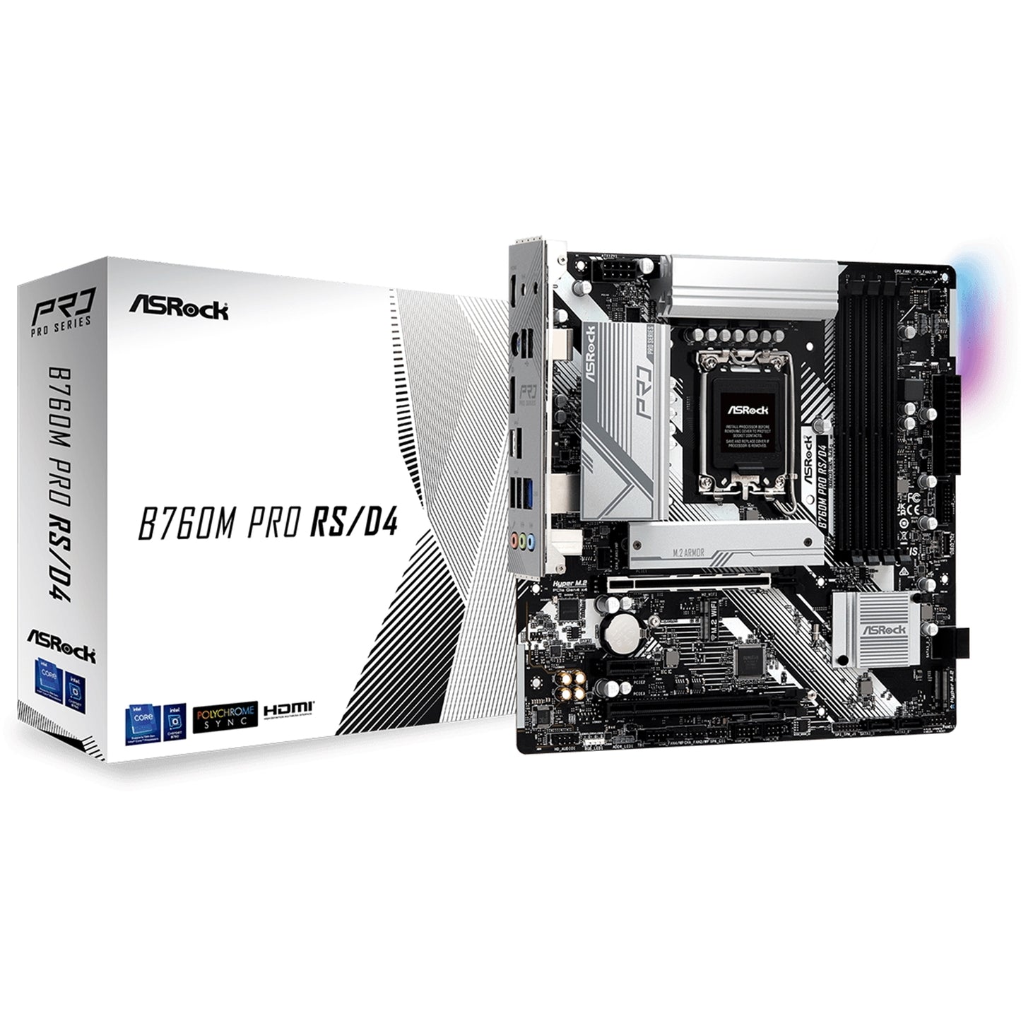 ASRock B760M PRO RS/D4 Motherboard, Intel Socket 1700, Supports 12th/13th Gen, 2x PCIe 4.0 x16, 1x PCIe 4.0 x1, Hyper M.2, Micro ATX, USB Type-C, LAN, HDMI, DisplayPort