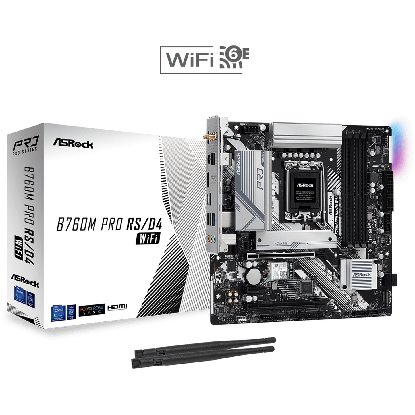 ASRock B760M PRO RS/D4 WIFI Motherboard, Intel Socket 1700, Supports 12th/13th Gen, 2x PCIe 4.0 x16, 1x PCIe 4.0 x1, Hyper M.2, Micro ATX, USB Type-C, LAN, HDMI, DisplayPort, WiFi 6E + Bluetooth 5.3