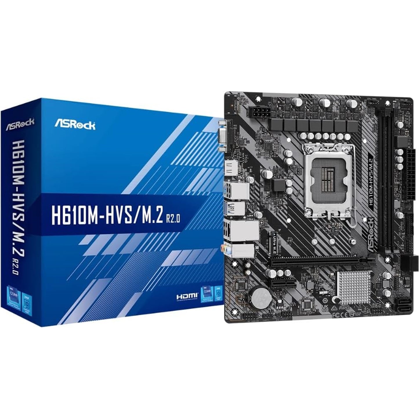 ASRock H610M-HDV/M.2 Motherboard, Intel Socket 1700, 12th Gen, DDR4, Micro ATX, 6 Phase Power Design, 1x PCIe 4.0 x16, 2x PCIe 3.0 x1, 1x PCIe Gen3 x4, 4x USB 3.2 Gen1, Intel Gigabit LAN, HDMI, DisplayPort, VGA