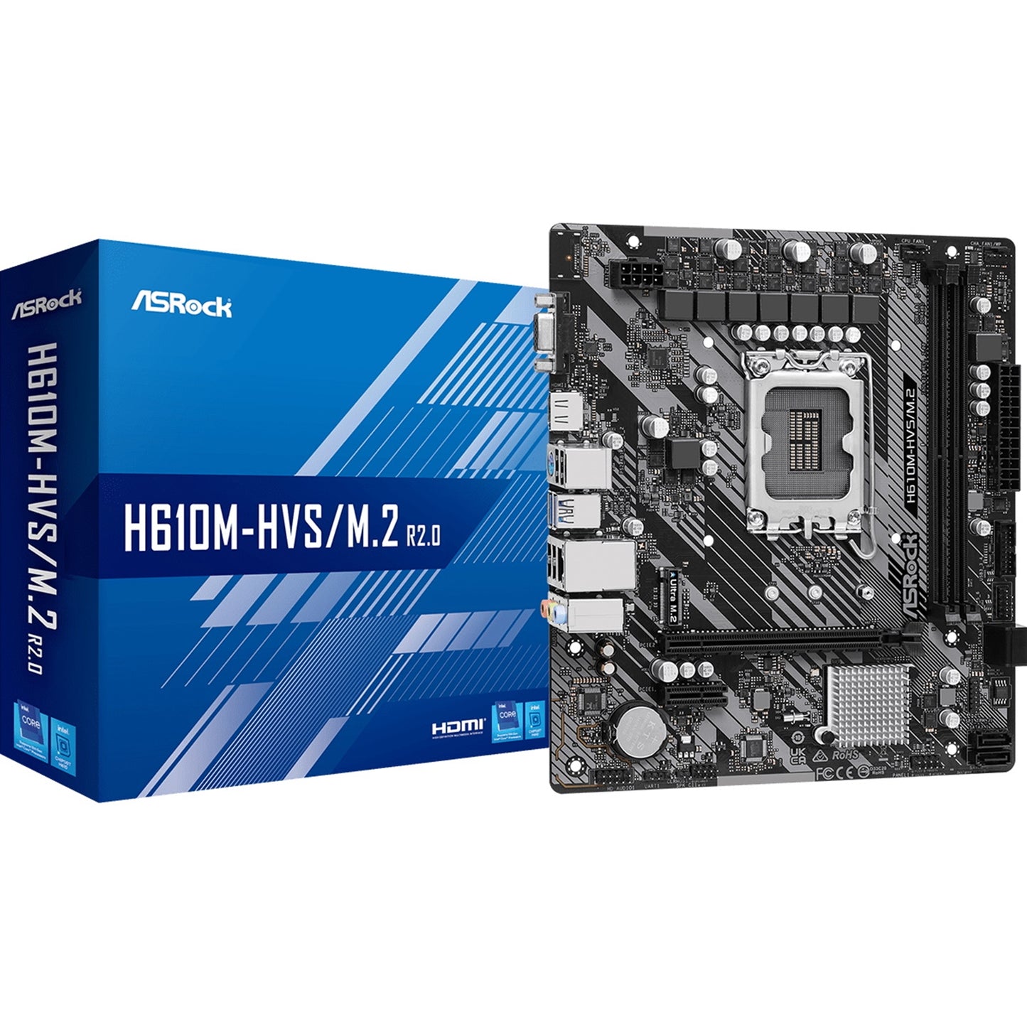 ASRock H610M-HVS/M.2 R2.0 Motherboard, Intel Socket 1700, 12th Gen, Micro ATX, DDR4, 1x PCIe 4.0 x16, 1x PCI-e 3.0 x1, 7.1 Channel Audio, Ultra M.2, USB 3.2 Gen1, Gigabit LAN, HDMI, VGA