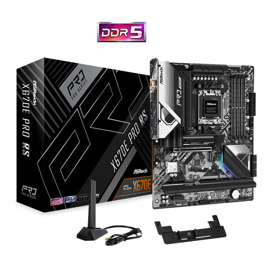 ASRock X670E Pro RS Motherboard, AMD Socket AM5, 4x DDR5 DIMMs, ATX, PCIe 5.0 x16, Blazing M.2 PCIe Gen5x4, USB 3.2 Type-C, Realtek 2.5G LAN, 802.11ax Wi-Fi 6E, Bluetooth, HDMI, DisplayPort