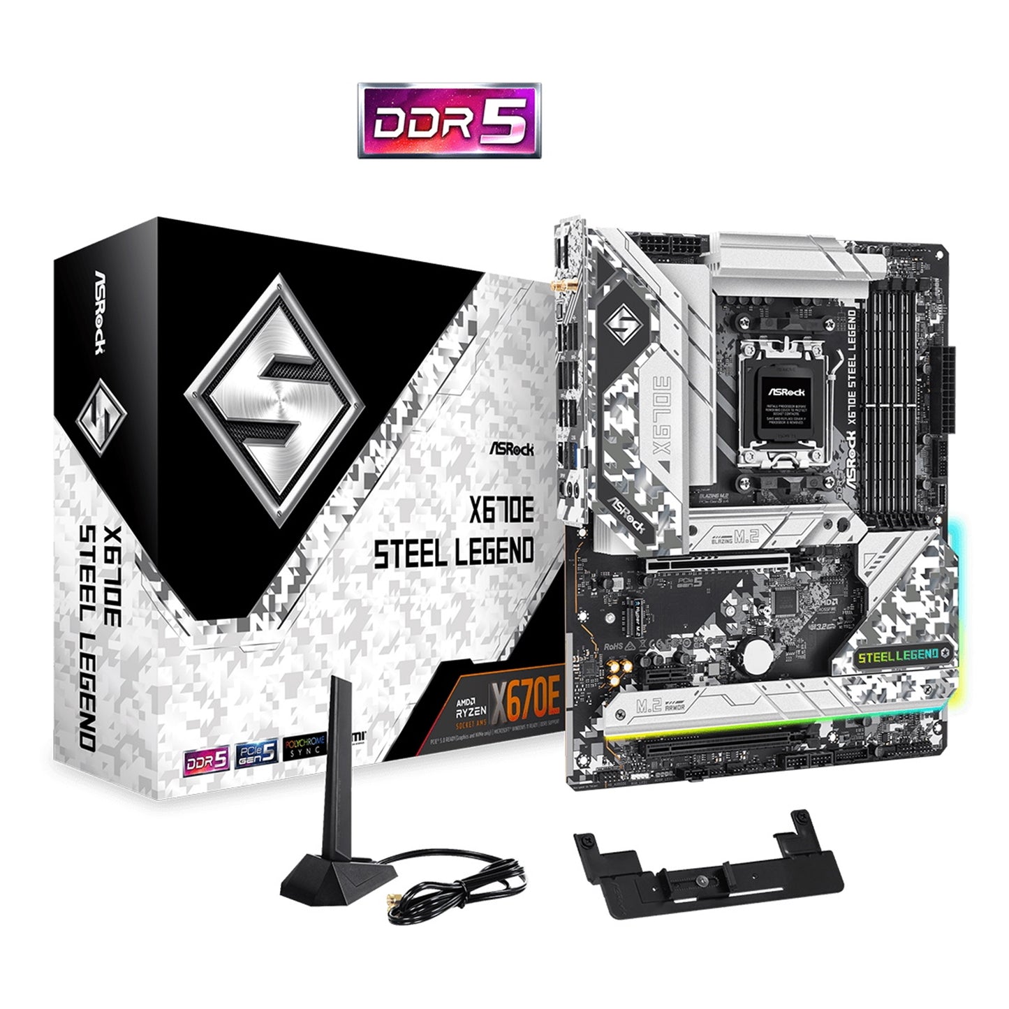 ASRock X670E Steel Legend Motherboard, AMD Socket AM5, 4x DDR5 DIMMs, ATX, PCIe 5.0 x16, Blazing M.2 PCIe Gen5x4, USB 3.2 Type-C, Realtek 2.5G LAN, 802.11ax Wi-Fi 6E, Bluetooth, HDMI, DisplayPort