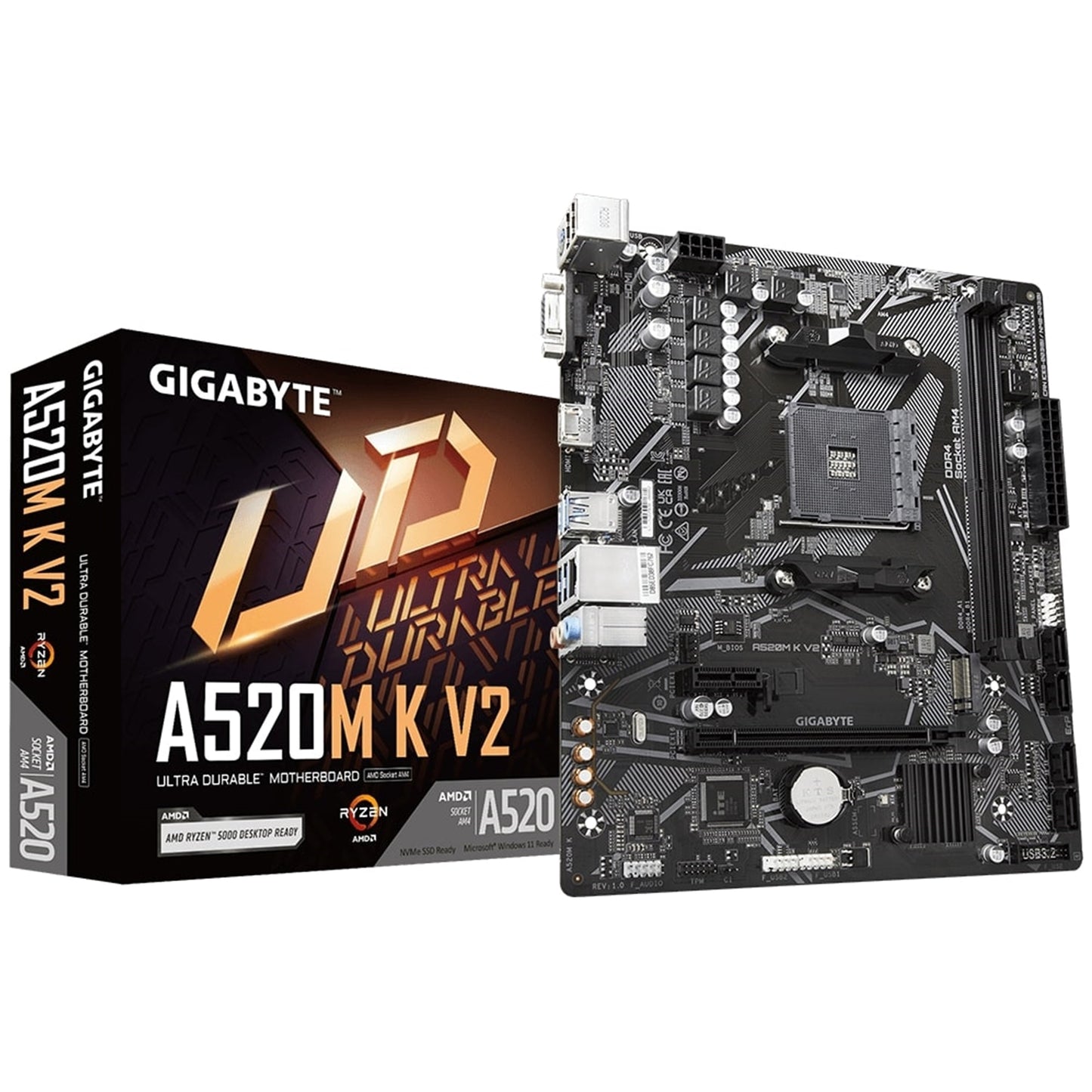 Gigabyte A520M K V2 Motherboard, AMD Socket AM4, Micro ATX, DDR4, PCIe Gen3 x4 M.2, Smart Fan 5, LAN, HDMI/USB3.0