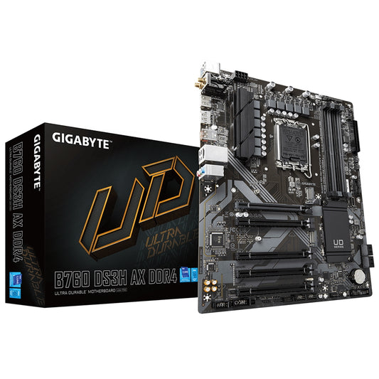 Gigabyte B760 DS3H AX DDR4 Motherboard, Intel Socket 1700, 12th/13th Gen, 1x PCIe 4.0 x16, 2 x PCIe 4.0 M.2, ATX, USB Type-C, 2.5GbE LAN, Wi-Fi 6E 802.11ax, HDMI, DisplayPort, Smart Fan 6, Q-Flash Plus