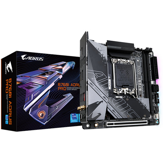 Gigabyte B760I AORUS PRO DDR5 Motherboard, Intel Socket 1700, 1x PCIe 4.0 x16, 2x PCIe 4.0 x4 M.2, USB Type-C with USB 3.2 Gen 2 Support, Q Flash Plus, Intel Wi-Fi 6E AX211, Bluetooth 5.3, DisplayPort/HDMI