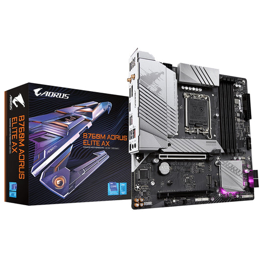 Gigabyte B760M AORUS ELITE AX Motherboard, Intel Socket 1700, 12th/13th Gen, 2 x PCIe 4.0 x4 M.2, Micro ATX, USB Type-C, 2.5GbE LAN, Intel Wi-Fi 6E 802.11ax, HDMI, DisplayPort, Smart Fan 6, Q-Flash Plus