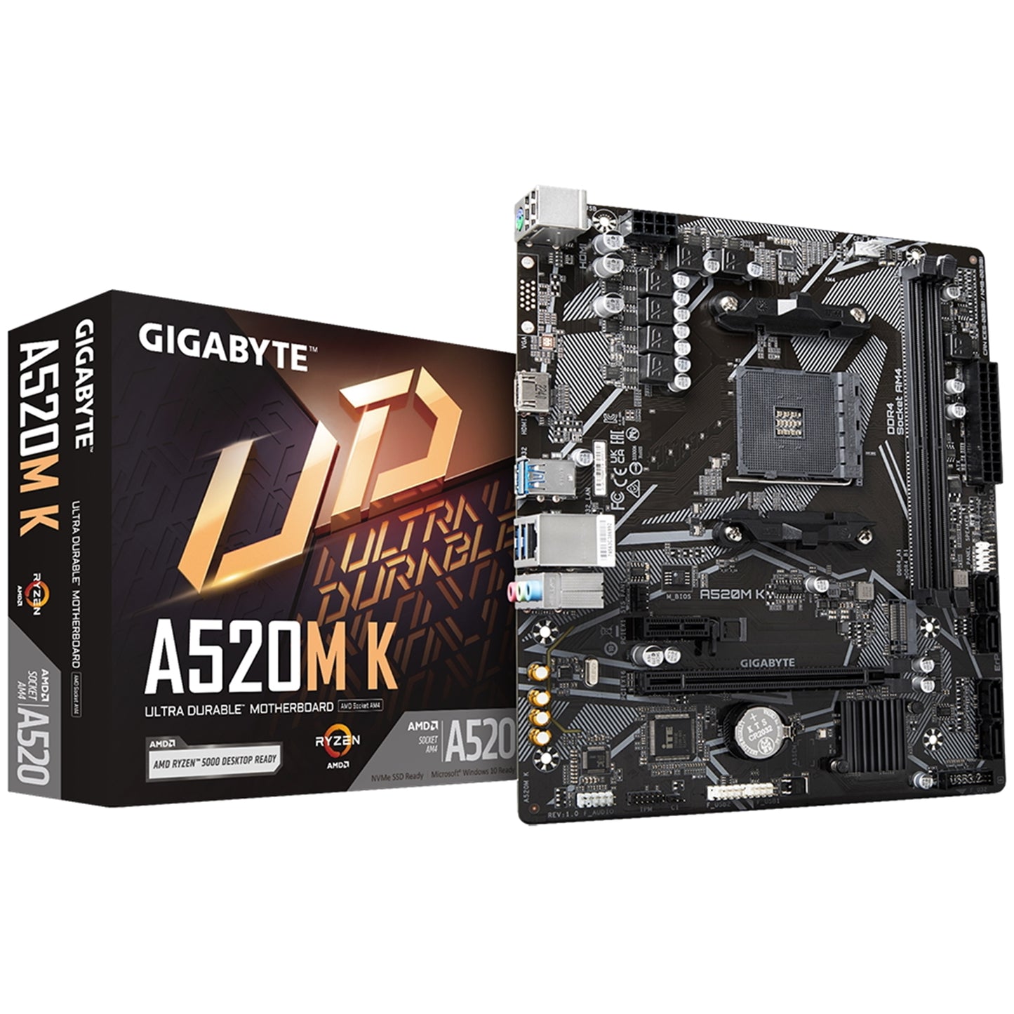 Gigabyte A520M K Motherboard, AMD Socket AM4, Micro ATX, DDR4, PCIe Gen3 x4 M.2, Smart Fan 5, LAN, HDMI/USB3.0