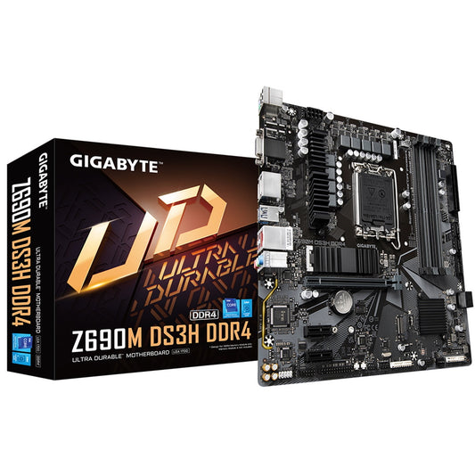 Gigabyte Z690M DS3H DDR4 Motherboard, Intel Socket 1700, 12th Gen, Micro ATX, 6+2+1 Hybrid Phases Digital VRM Design, 2 x PCIe 4.0 M.2 with Thermal Guard, 2.5GbE LAN, Rear USB 3.2 Gen 2 Type-C, Q-Flash Plus, VGA, HDMI, DisplayPort