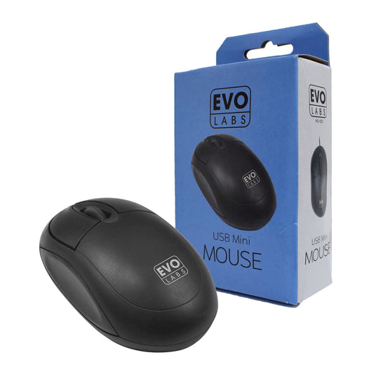 Evo Labs MO-001 Wired USB Mini Plug and Play Mouse, 800 DPI Optical Tracking, 3 Button with Scroll Wheel, Ambidextrous Design for PC / Mac / Laptop, Matte Black