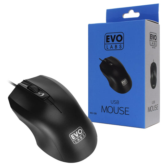 Evo Labs MO-128 Wired USB Plug and Play Mouse, 800 DPI Optical Tracking, 3 Button with Scroll Wheel, Ambidextrous Design, Matte Black