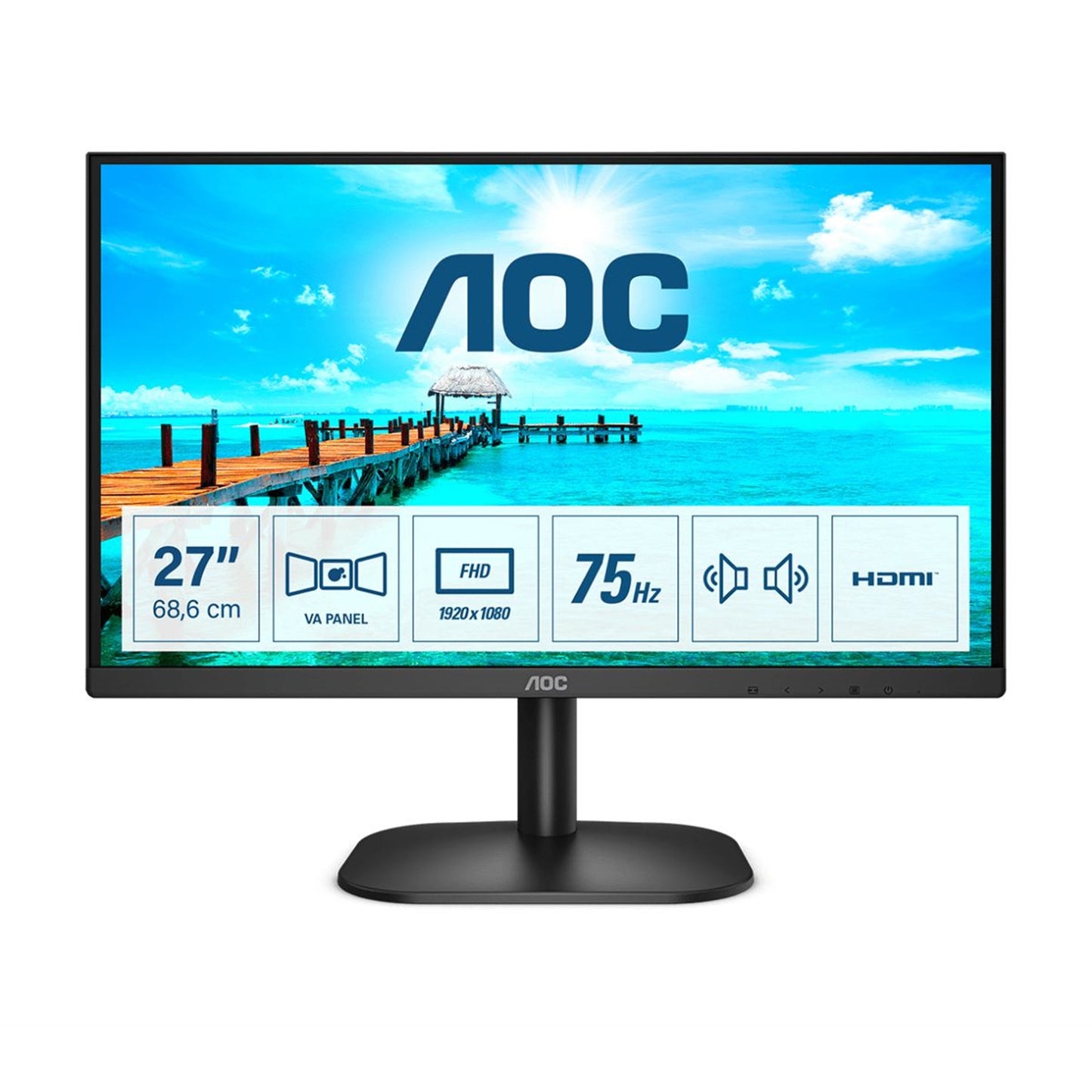 AOC 27B2AM 27 Inch LED Monitor, Widescreen, Full HD, VGA, HDMI, 4ms, 75Hz, Frameless, Speakers, VESA, Black