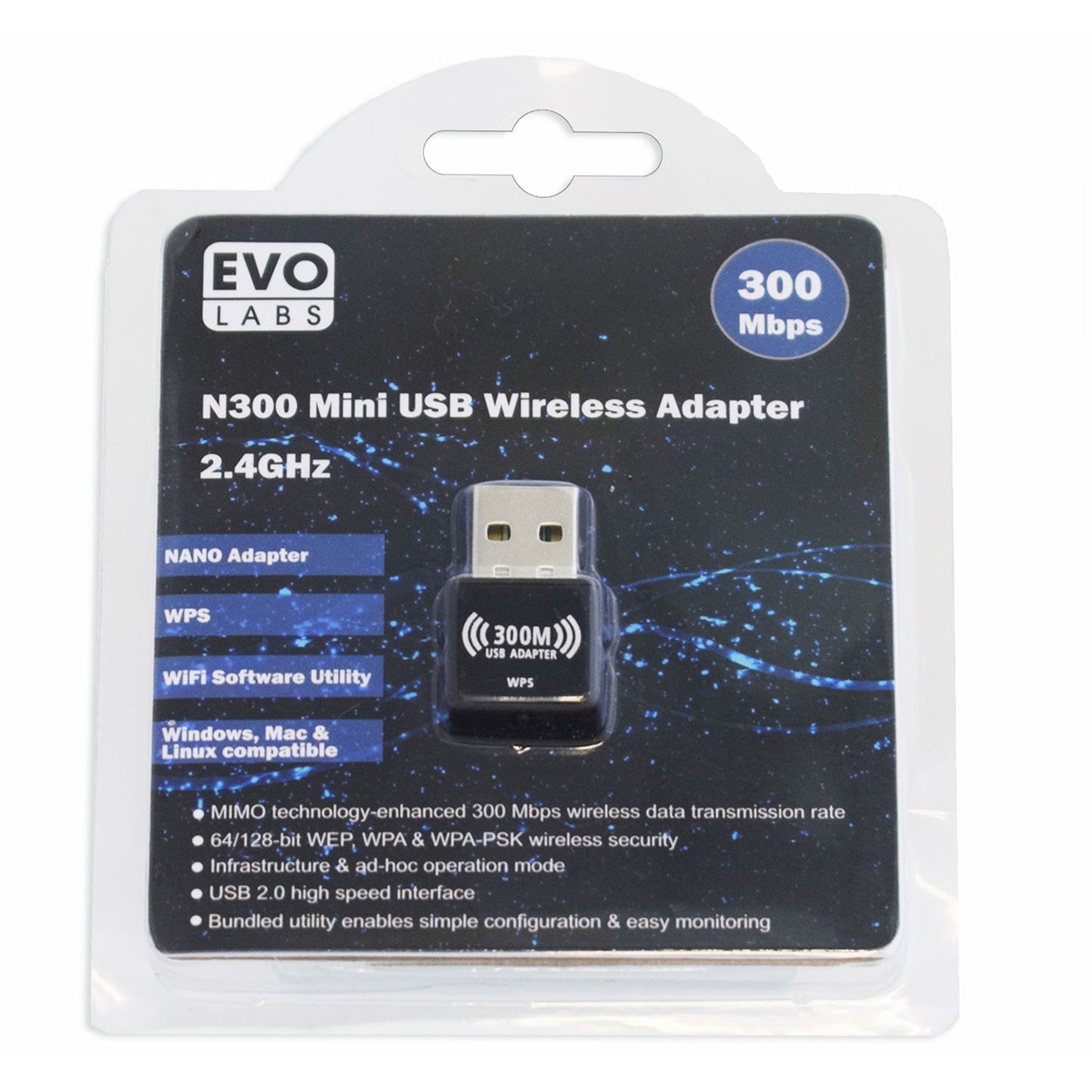 Evo Labs N300 Wireless N Mini USB Wi-Fi Network Adapter