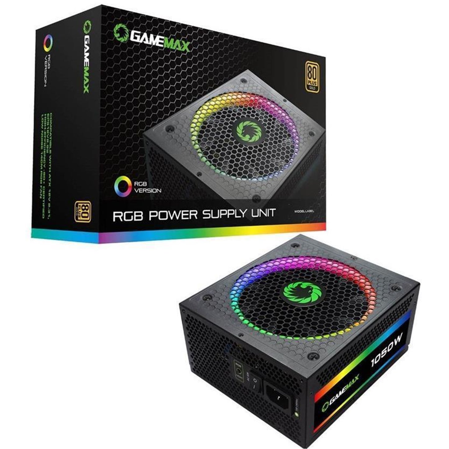 GAMEMAX ARGB 1050W PSU,140mm Fan with ARGB LEDs, 80 PLUS Gold, Fully Modular, Flat Black Cables