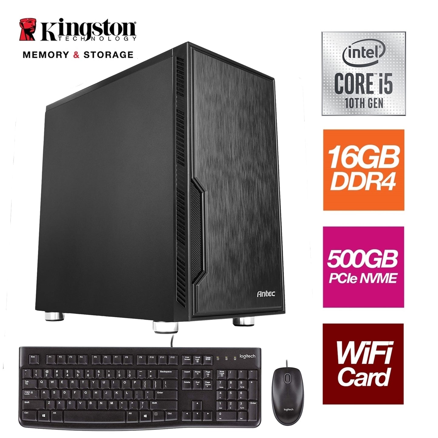 Intel i5-10400 6 Core 12 Threads 2.90GHz (4.30GHz Boost) CPU, 16GB Kingston DDR4 RAM, 500GB Kingston NVMe M.2, Antec VSK Chassis, Wi-Fi 6 + Bluetooth, FREE Keyboard & Mouse - Pre-Built PC