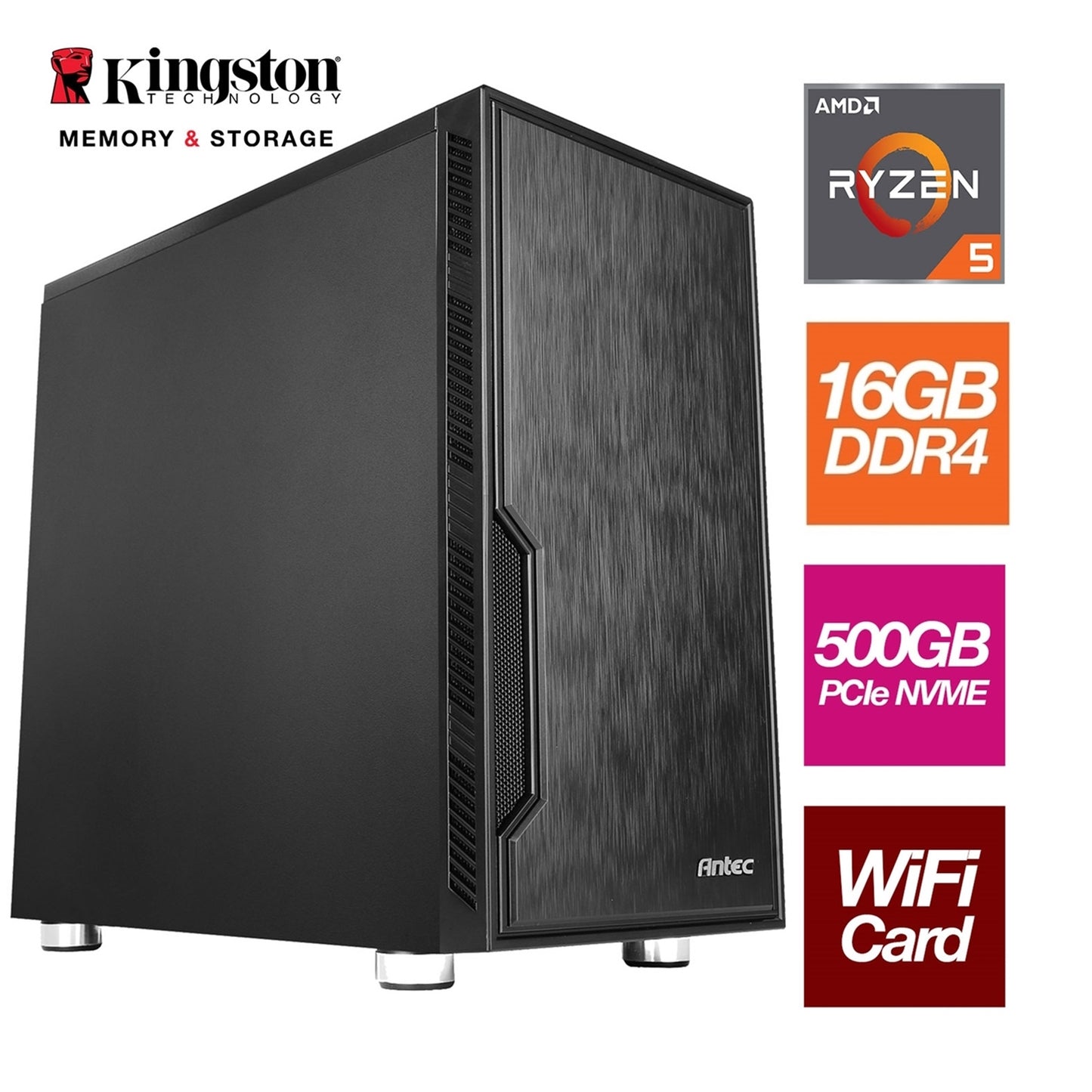 AMD Ryzen 7 5700G 8 Core 16 Threads 3.80GHz (4.60GHz Boost) 16GB Kingston DDR4 RAM, 500GB Kingston NVMe, with Wi-Fi 6 Card - Stylish Black Antec Case - Pre-Built System