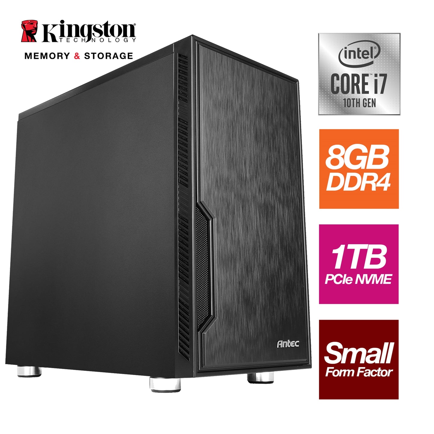 Antec Intel i7-10700 2.90GHz (4.80GHz Boost) 8 Core 16 threads. 8GB Kingston DDR4 RAM, 1TB Kingston NVMe M.2, 80 Cert PSU - Prebuilt System