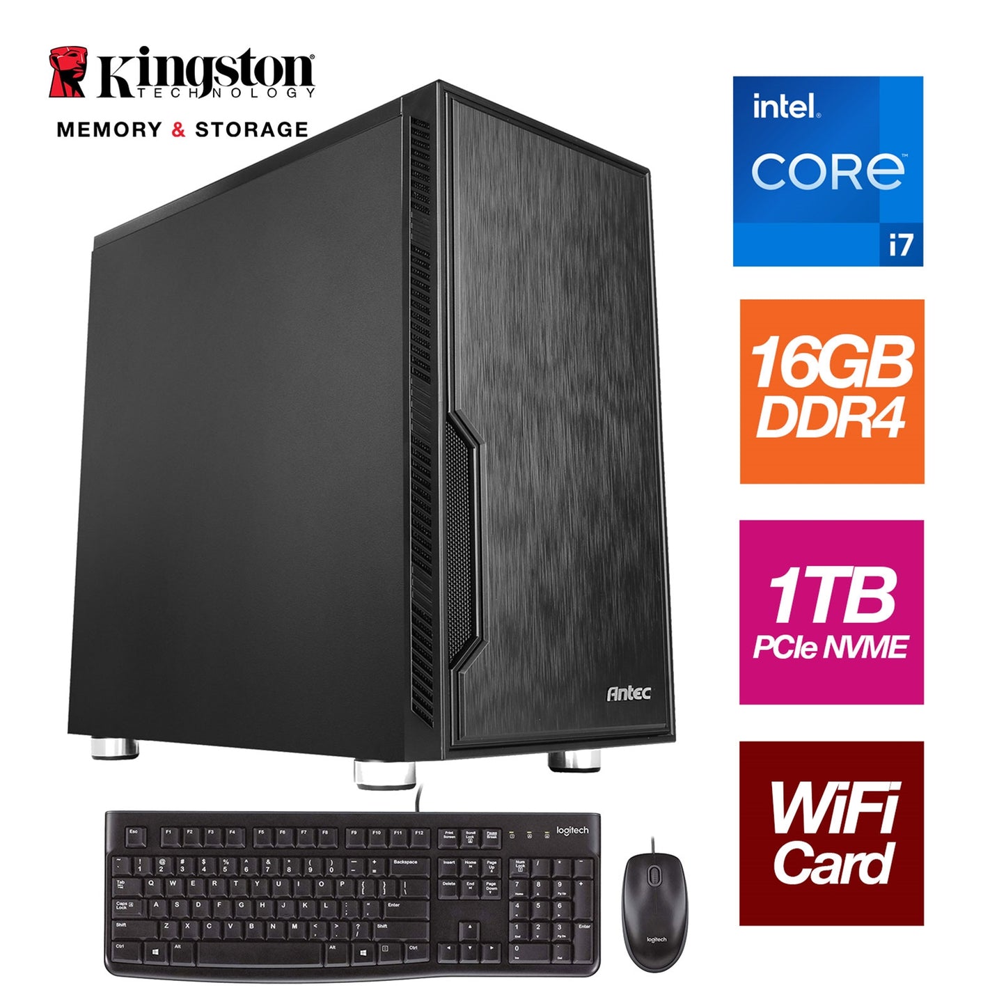 Antec Intel i7-11700 2.50GHz (4.90GHz Boost) 8 Core 16 threads. 16GB Kingston DDR4 RAM, 1TB Kingston NVMe M.2, 80 Cert PSU, WiFi 6 + Bluetooth, FREE Keyboard & Mouse - Prebuilt System