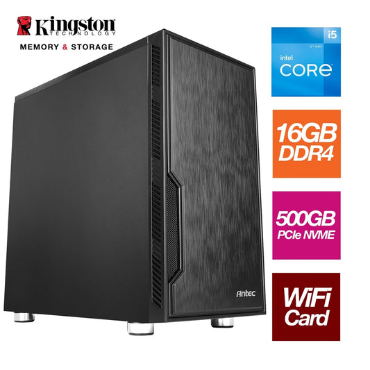 Intel i5 12400 6 Core 12 Thread 2.50GHz (4.40GHz Boost), 16GB Kingston RAM, 500GB Kingston NVMe M.2, Wi-Fi 6 Card. Antec VSK Chassis - Pre-Built PC