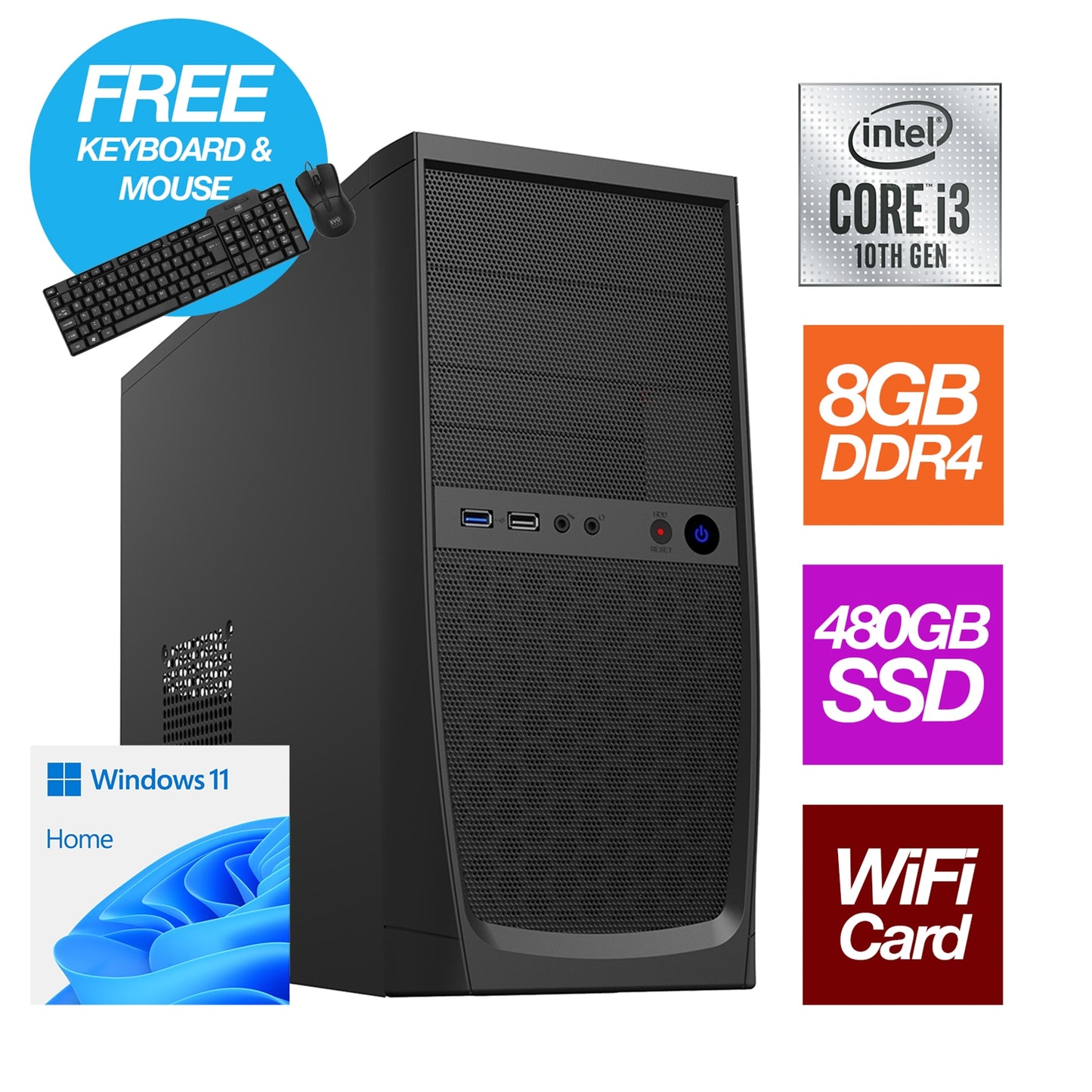 Intel i3 10100 Quad Core, 8 Threads, 3.60GHz (4.30GHz Boost) CPU, 8GB DDR4 RAM, 480GB SSD, Wi-Fi Card Fitted. Windows 11 Home Installed. with Free Keyboard and Mouse - Pre-Built PC