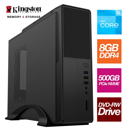 Small Form Factor - Intel i3 12100 4 Core 8 Threads 3.30GHz (4.30GHz Boost), 8GB Kingston RAM, 500GB Kingston NVMe M.2,DVDRW Optical, with Wi-Fi 6 - Small Foot Print for Home or Office Use - Pre-Built PC