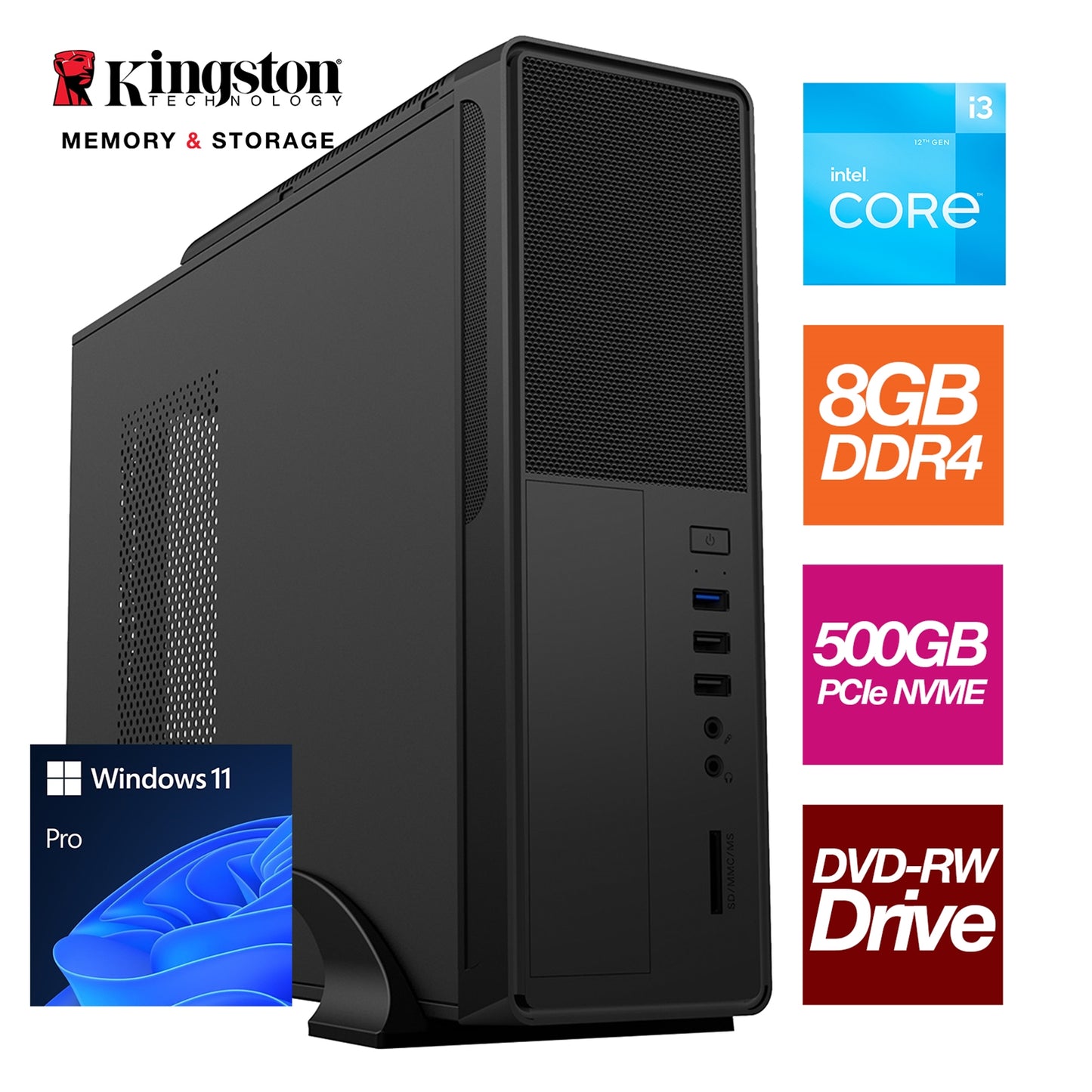 Small Form Factor - Intel i3 12100 Quad Core 8 Threads 3.30GHz (4.30GHz Boost), 8GB Kingston RAM, 500GB Kingston NVMe M.2,DVDRW Optical, with Windows 11 Pro Installed - Small Foot Print for Home or Office Use - Pre-Built PC