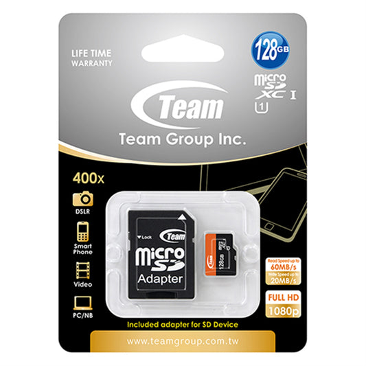 Team 128GB Micro SDXC UHS-1 Class 10 Flash Card with Adapter