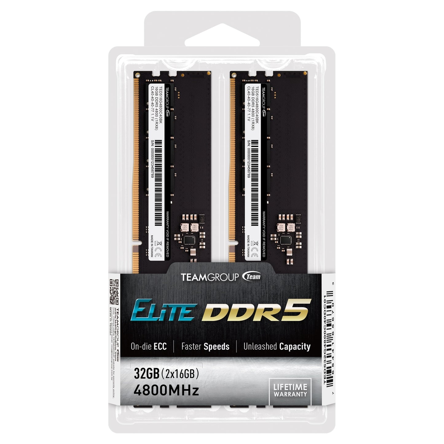 Team Elite TED532G4800C40DC01 32GB DIMM System Memory, DDR5, 4800MHz, 2 x 16GB, 288 Pin, 1.1v, CL40-40-40-77