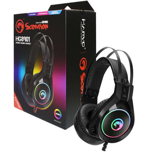 Marvo Scorpion HG8901 Gaming Headset, Stereo Sound, RGB, LED, Omnidirectional Microphone, 50mm Audio Drivers, Built-in Volume Control, USB and 3.5mm Connection, Black