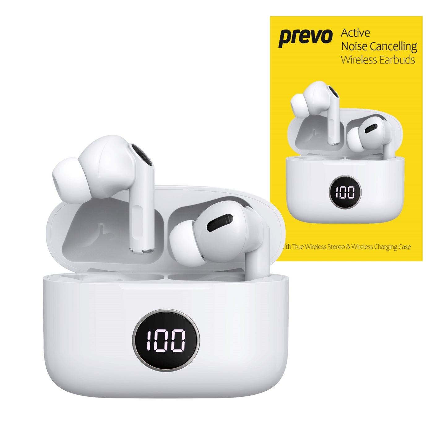 Prevo M10 Active Noise Cancelling TWS Earbuds, Bluetooth 5.3, Automatic Pairing, Touch Control Feature with Digital LED Display Wireless Charging Case, Android, IOS and Windows Compatible, White