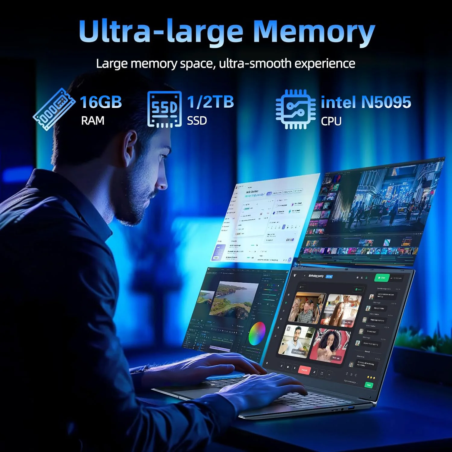 17.3 inch Gaming Office Laptop PC Intel N5095 Windows 11 Pro 16GB DDR4 1TB SSD Fingerprint Unlock Backlit Notebook PC Computer - Image 3