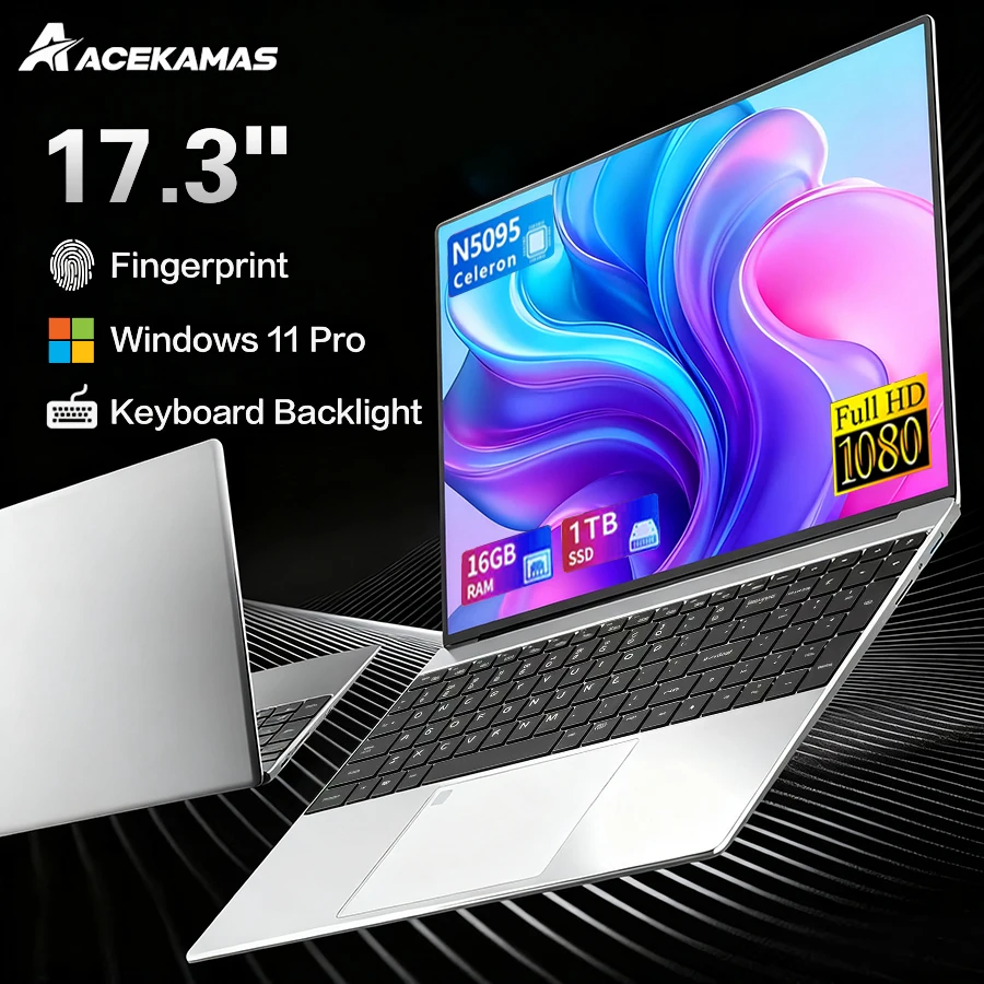 17.3 inch Gaming Office Laptop PC Intel N5095 Windows 11 Pro 16GB DDR4 1TB SSD Fingerprint Unlock Backlit Notebook PC Computer