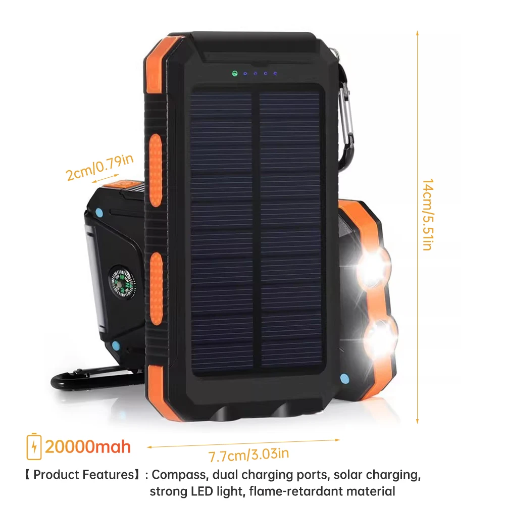 20000mAh Portable Solar Power Bank Camping External Battery Charger for Mobile Phones 2 USB/ LED Flashlights Charger - Image 6
