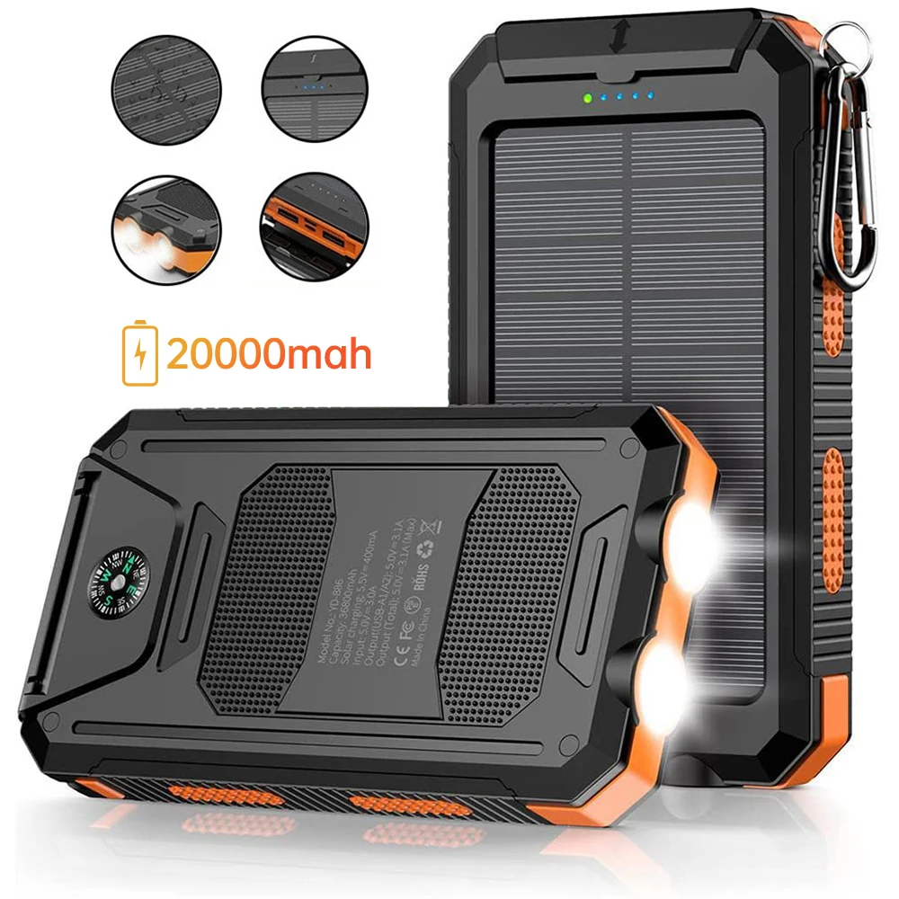 20000mAh Portable Solar Power Bank Camping External Battery Charger for Mobile Phones 2 USB/ LED Flashlights Charger - Image 2