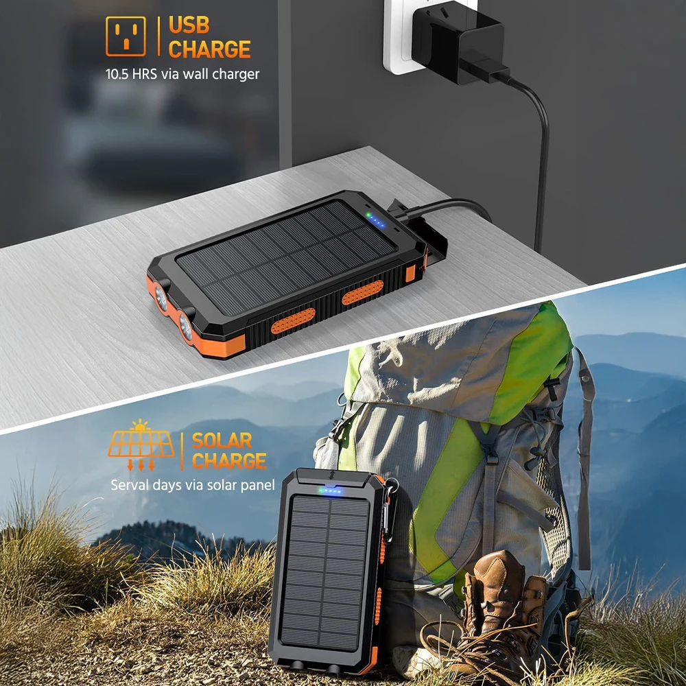 20000mAh Portable Solar Power Bank Camping External Battery Charger for Mobile Phones 2 USB/ LED Flashlights Charger - Image 4